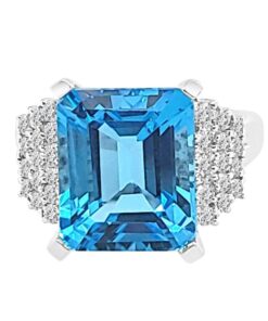 Emerald Cut Center With Side Clusters Ladies 8.00 Carat Blue Topaz Ring
